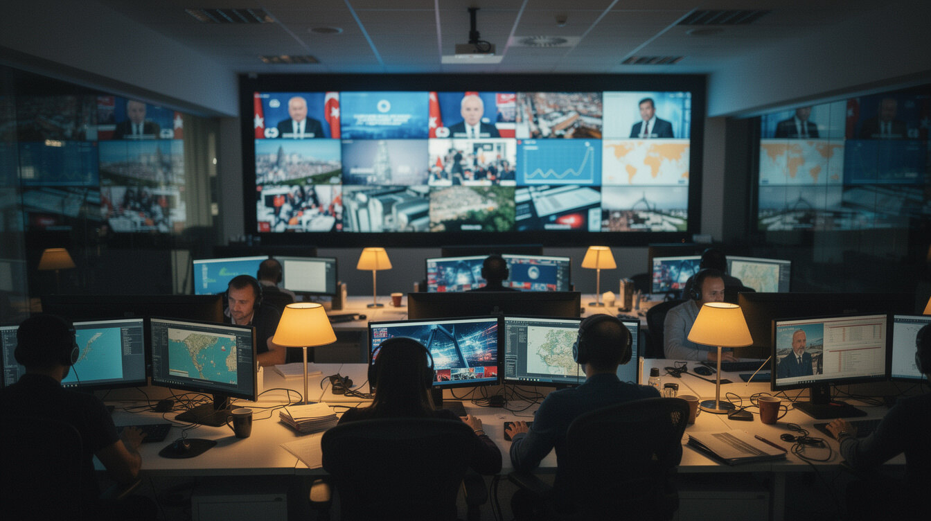 Turkish newsroom with journalists working at night on breaking news